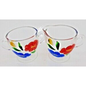 Vtg Bartlett Collins Gay Fad Floral Handpainted Clear Glass Open Sugar/Creamer